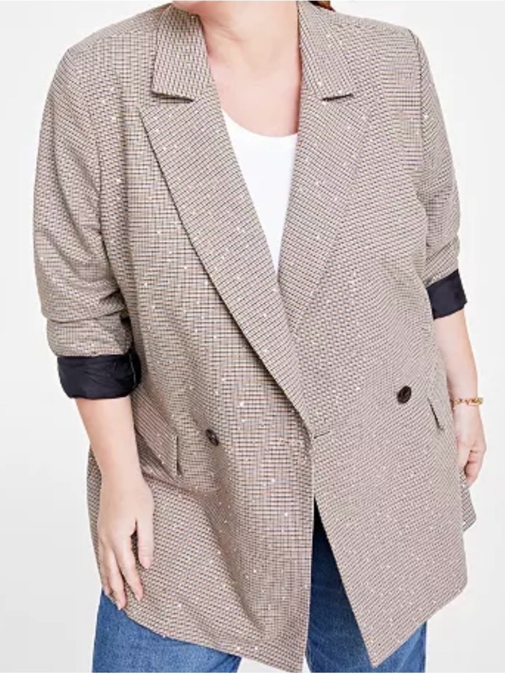On 34th Taupe Plaid Double-Breasted Blazer Jacket 22W